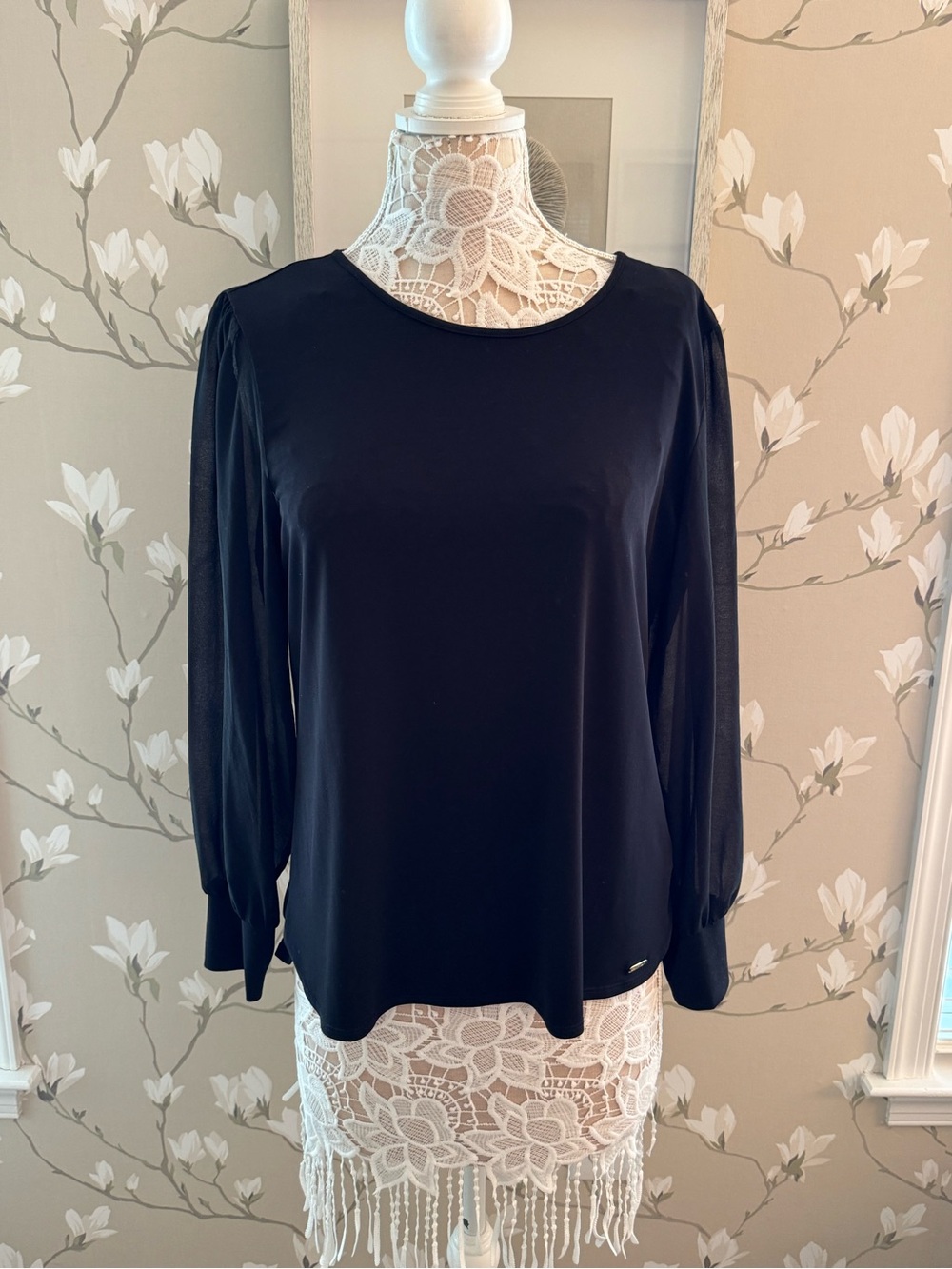 Calvin Klein Black Long-Sleeve Satin Blouse with Sheer Sleeves